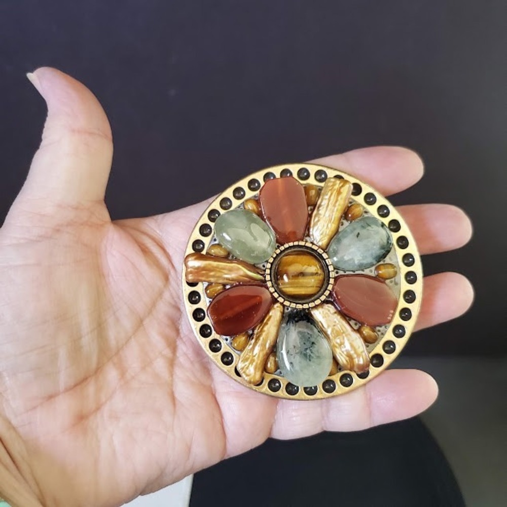 Michal Golan Artisan Floral Gemstone Pearl Round Belt Buckle Gold Tone Statement